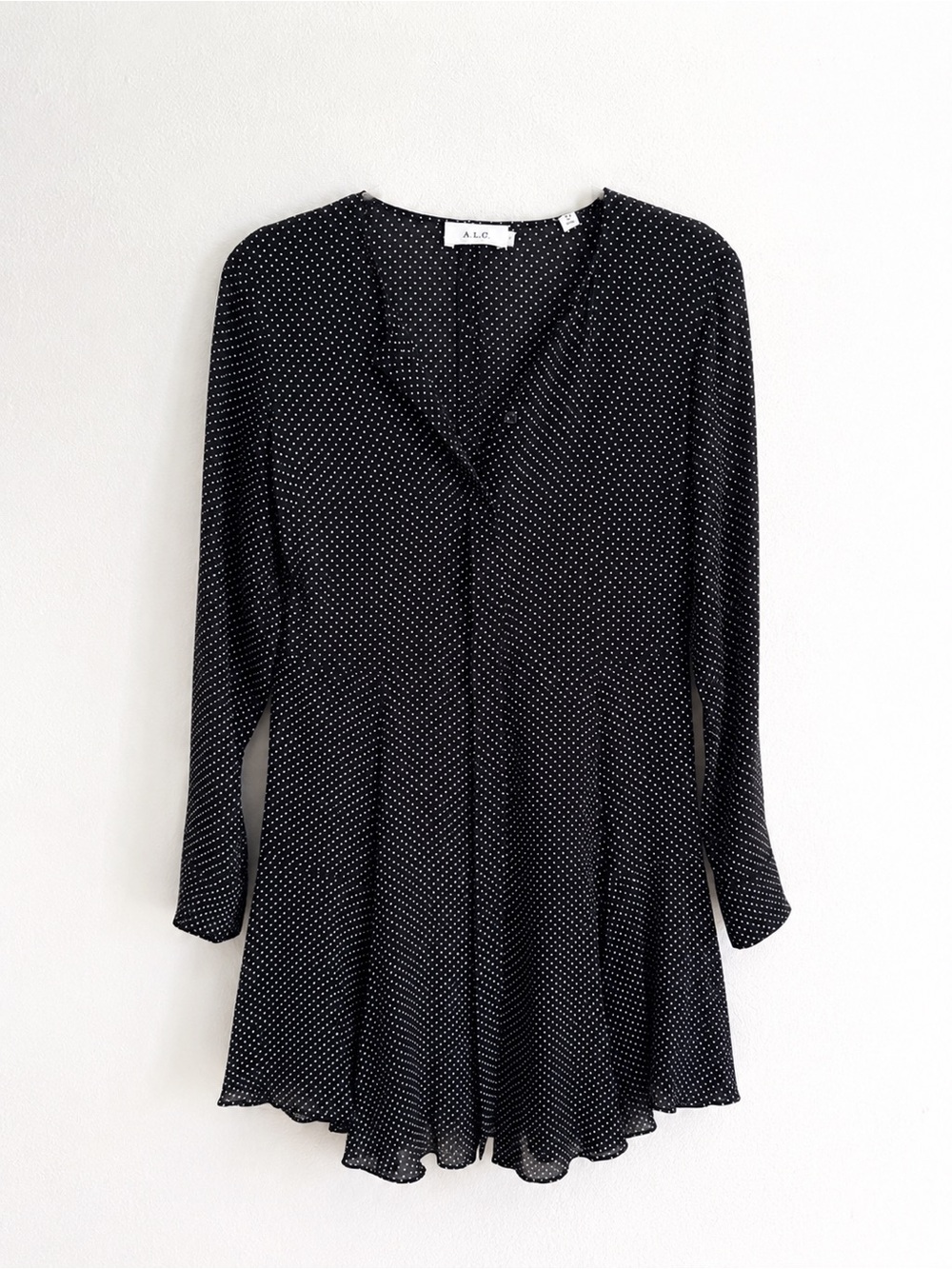 A.L.C. 100% Silk Polka Dot Mini Dress Size 4 Black White Long Sleeve